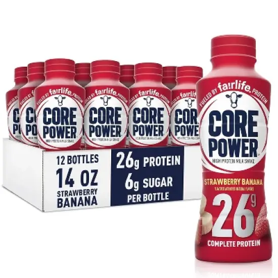 Core Power Protein Shake 26g Complete Protein 12 Pack Ready-to-Drink Recovery Drink with Real Milk Proteins, Strawberry Banana 14oz Bottle image {11}