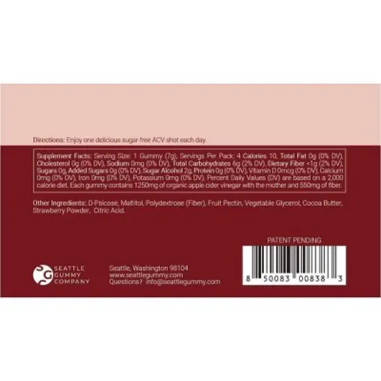 Seattle Gummy Company Sugar Free Apple Cider Vinegar Vegan Gummies - 48 Servings image {4}
