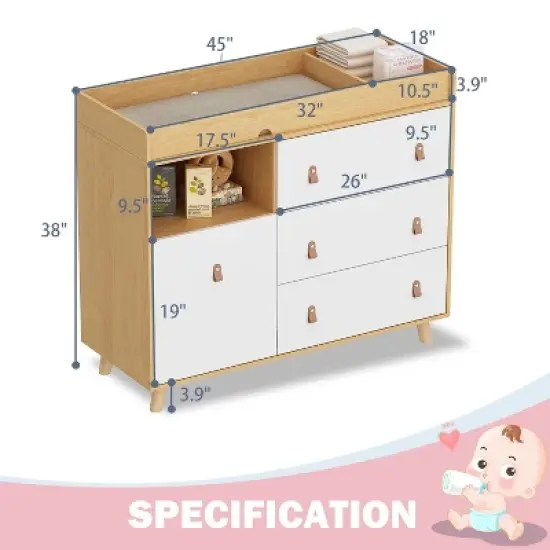 Famapy Baby Changing Table With leather Pulls Large Worktop Three Drawers Rich Storage Space Storage Cabinet image {1}