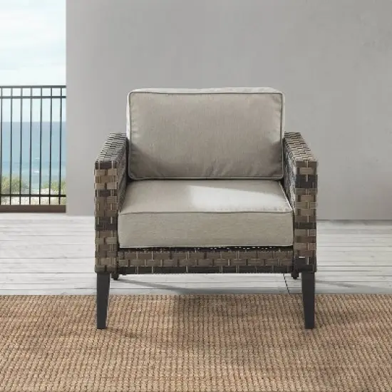 Prescott Outdoor Wicker Arm Chair - Taupe/Brown - Crosley image {2}