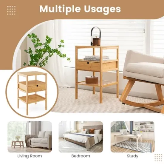 Tangkula Bamboo Nightstands Set of 2 w/ Pull-out Drawer and Storage Shelf Wood Natural image {7}
