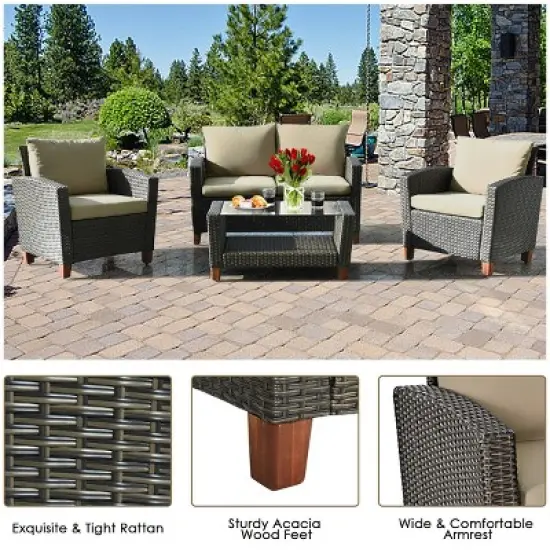 Tangkula 4PCS Cushioned Rattan Conversation Set w/ Coffee Table Patio Outdoor image {7}