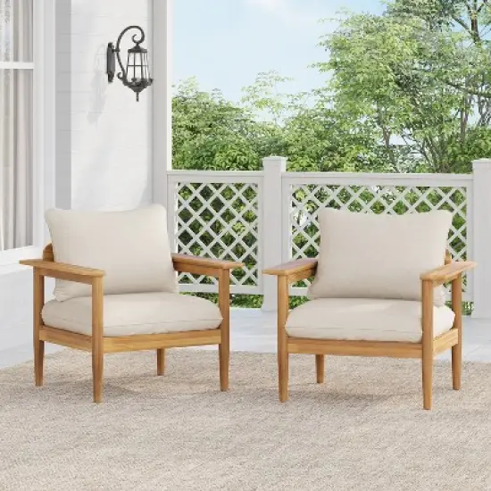 Christopher Knight Home Kari Patio Acacia Wood Slatted Club Chair with Water-Resistant Cushions, Beige/Light Teak image {9}