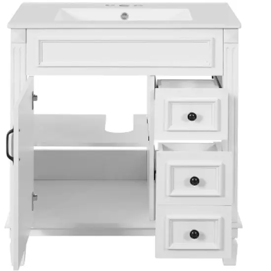 Gulches 30 inch Bathroom Vanity with Ceramic Sink Small Bathroom Cabinet Modern 2 Drawers Adjustable Shelf French Simplicity Style White image {6}