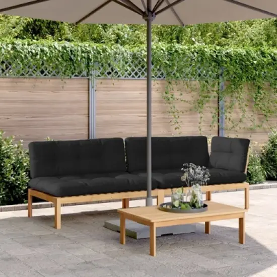 vidaXL 3 Piece Patio Pallet Sofa Set with Cushions - Solid Acacia Wood - Outdoor Modular Sectional - with Table and Black Cushions - Brown image {1}