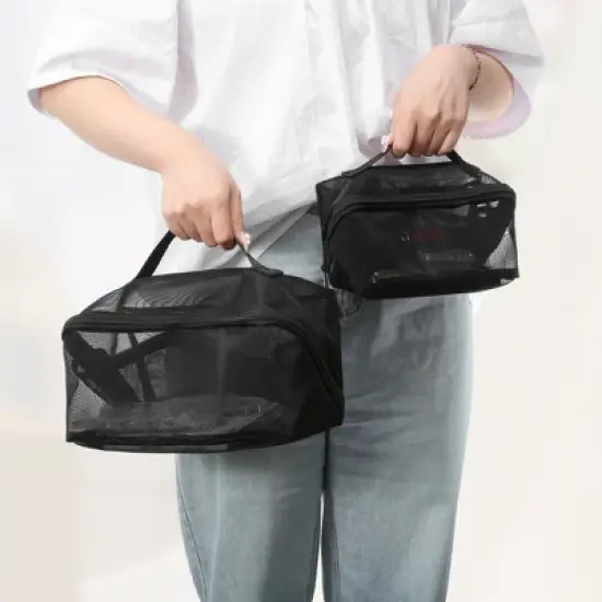 Unique Bargains Nylon Mesh Clear Makeup Bags Black image {4}