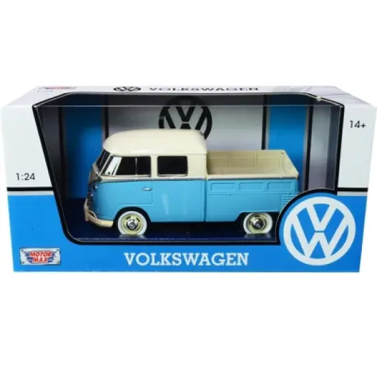 Volkswagen Type 2 (T1) Double Cab Pickup Truck Light Blue and Cream 1/24 Diecast Model Car by Motormax image {2}