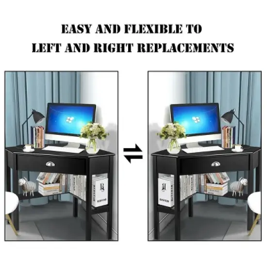 Costway Triangle Computer Desk Corner Office Desk Laptop Table w/ Drawer Shelves Rustic Black image {5}