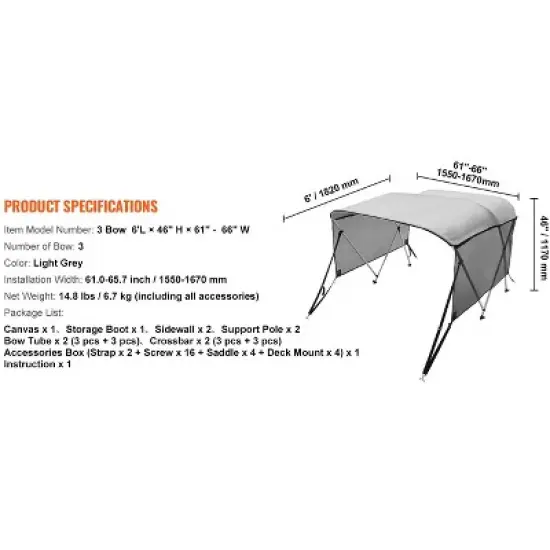 VEVOR 3 Bow Bimini Top Boat Cover, Detachable Mesh Sidewalls, 600D Polyester Canopy with 1" Aluminum Alloy Frame image {8}