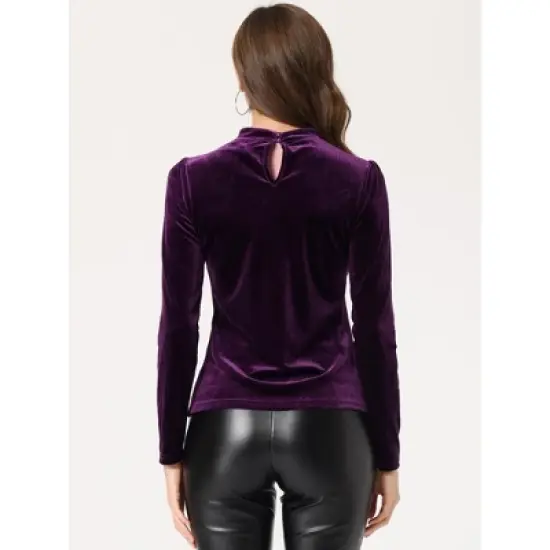 Allegra K Women's Casual Velvet Long Sleeve Choker Neck Heart Dots Mesh Panel Top image {3}