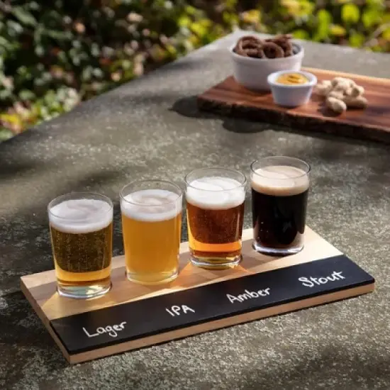 Beer Tasting Flight Sampler Board - Includes Four 6oz Pilsner Craft Brew Glasses & Wooden Paddle w Chalkboard - Great for Game Night & Taste Testing image {3}