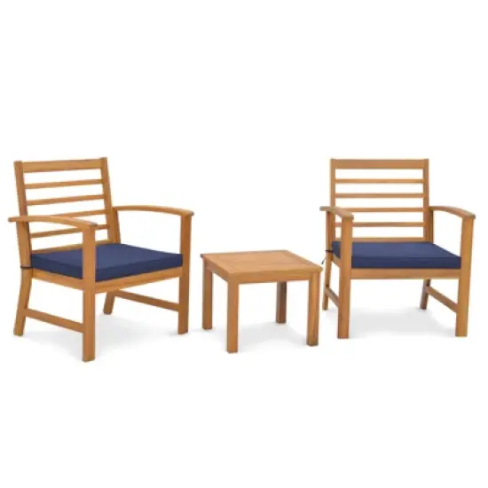 Tangkula 3PCS Furniture Set Acacia Wood Conversation Set w/ Soft Seat Cushions Outdoor image {3}