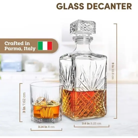 Bormioli Rocco Selecta Decanter - Etched Starburst Glass with Airtight Diamond Stopper - 33.75 Oz. Italian Glass Barware, Dishwasher Safe image {1}