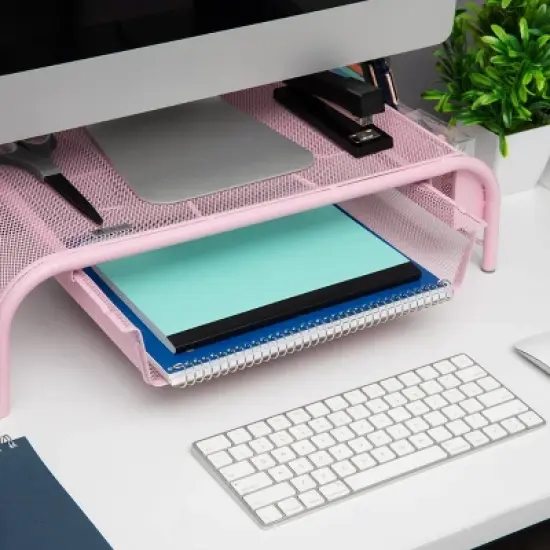 Mind Reader Monitor Stand, Ventilated Laptop Riser, Paper Tray, Storage, Office, Metal Mesh, 20"L x 11.5"W x 5.5"H, Pink image {3}