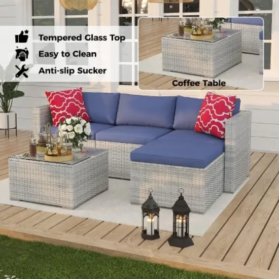 5 Pieces Patio Furniture Set, Outdoor Glass Table and Cushions with Rattan Wicker Chairs, Porch, Balcony, Backyard, Garden image {9}