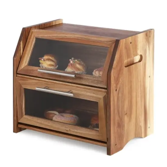 2 Layer Bread Box, Large Bread Bin with Clear Door Panels, Air Vents, Farmhouse Acacia Wood Bread Storage Container, Kitchen Countertop Bread Holder image {8}