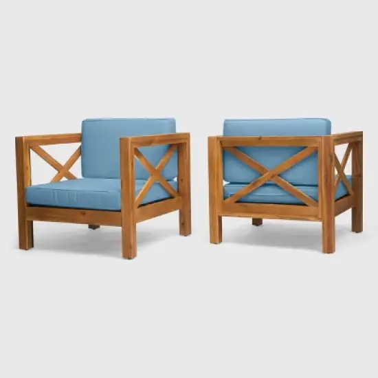 Brava 2pk Acacia Wood Club Chairs - Teak/Blue - Christopher Knight Home: Mid-Century Modern, Weather-Resistant image {5}