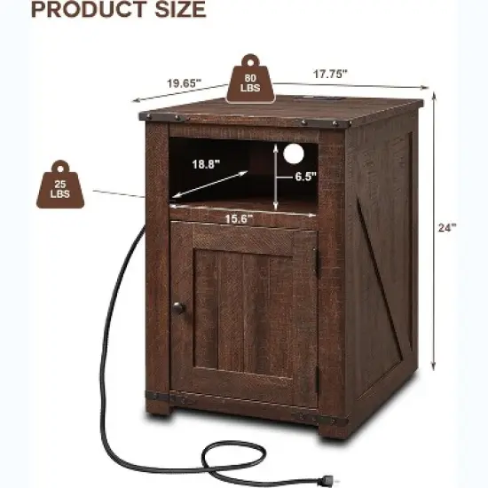Nightstand with Charging Station, 20" Farmhouse End Table w/Groove Barn Door & Adjustable Shlef for Bedroom image {3}