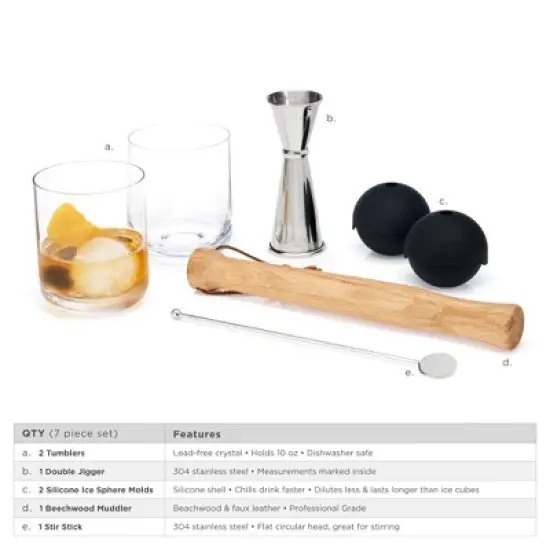 Viski Muddled Cocktail Barware Tool Set, 2 lead-free Crystal Tumblers, 2 Ice Molds, Double Jigger, Wooden Muddler, Stir Stick 7-Piece set, Multicolor image {1}