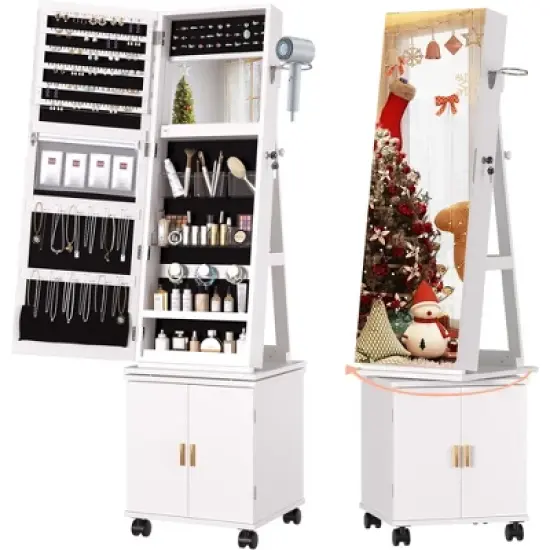VECELO Mirrored Jewelry Cabinet 360&deg; Swivel Freestanding Jewelry Organizer LED-Lit Makeup Organizer with Bottom Storage Cabinet, White image {12}