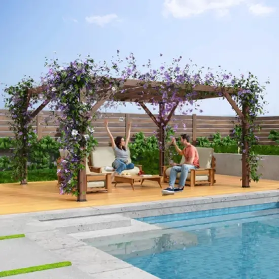 Wooden Pergola - 12'X14' Cedar Wood with Retractable Shade Canopy, Durable Rot-Resistant, Versatile image {1}