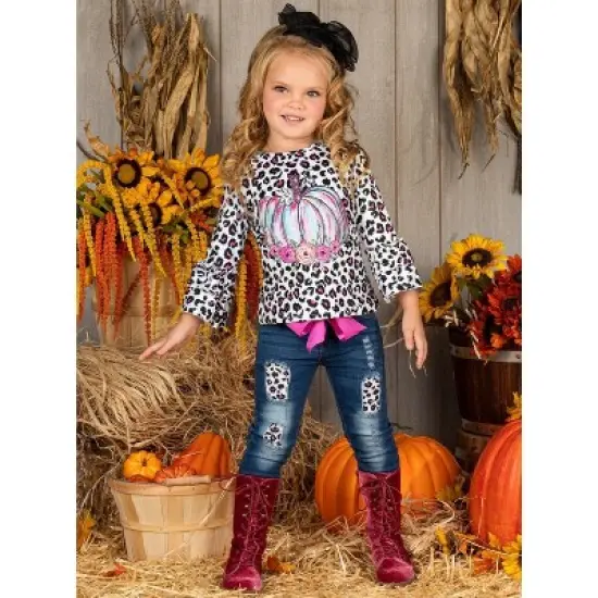 Girls Pastel Pumpkin Leopard Patched Jeans Set Mia Belle Girls, Leopard, 10 image {5}