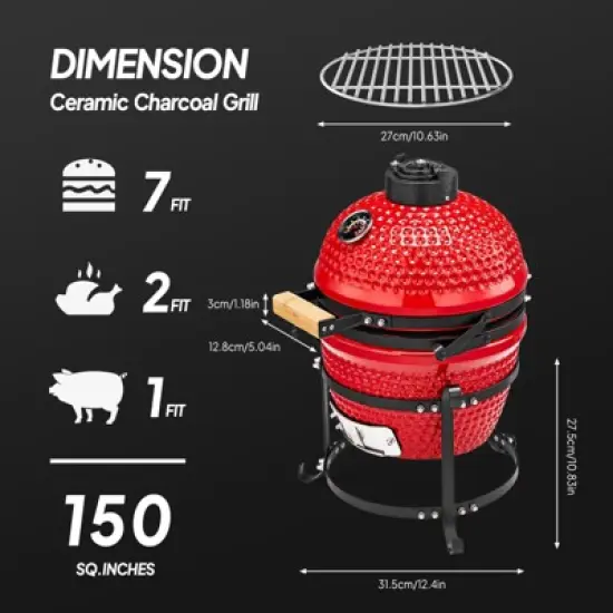 ROVSUN 13IN Red Spherical Ceramic Charcoal Grill with Inner Liner, Portable BBQ Smoker for Outdoor Cooking, Camping, and Backyard Grilling image {1}