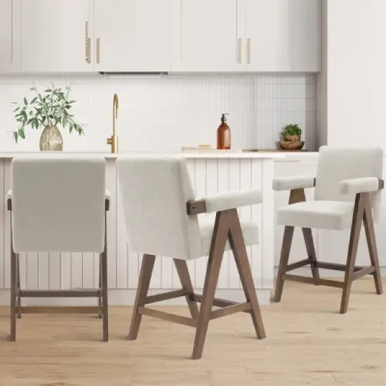 Set Of 3 Morgan 25.5" Height Upholstered Seat and Back Counter Stools With Upside Down "V" shape design Solid Wood Legs-The Pop Maison image {9}