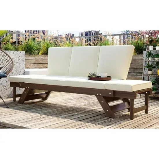 Gulches Brown Finish Patio Chaise Lounges - Adjustable Wooden Daybed Sofa with Beige Cushions image {2}