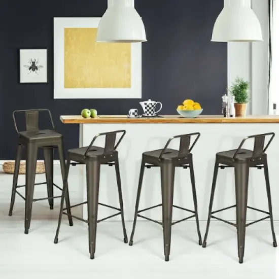 Costway Set of 4 Metal Bar Stools 30'' Bar Height Barstools Industrial w/ Low Back Gun image {2}
