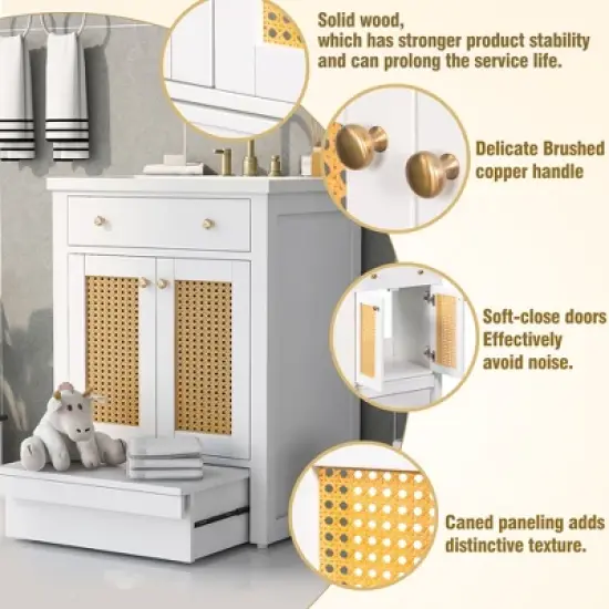 24" Bathroom Vanity with Single Undermount Sink, Combo Storage Cabinet with Pull-out Footrest White-ModernLuxe image {4}