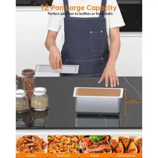 Commercial Food Warmer - 1500W Electric Steam Table with Acrylic Guard, 12-Pan Stainless Steel, (110V) image {6}