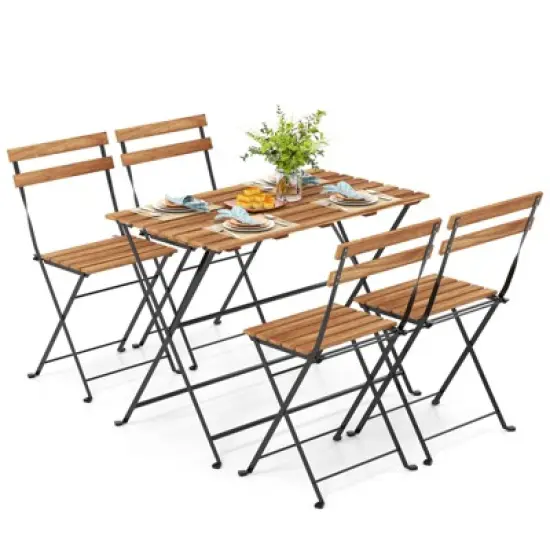 Tangkula 5 PCS Patio Acacia Wood Dining Set w/ 4 Folding Chairs Slatted Seat & Tabletop image {10}