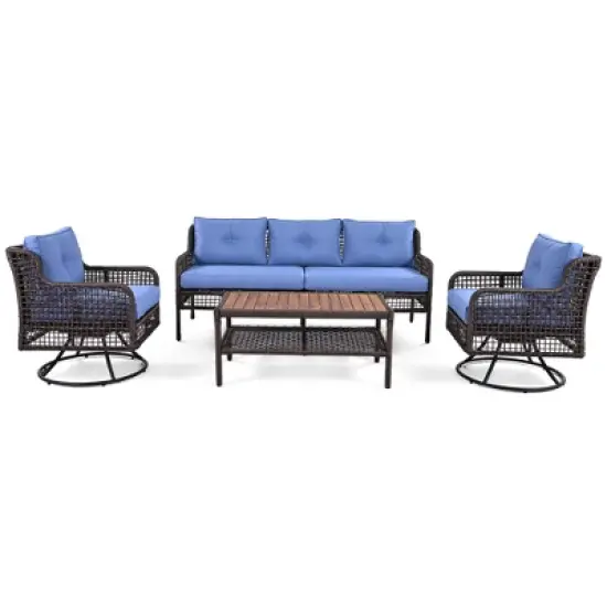 FIONECA 4-Piece Patio Furniture Set with Swivel Chairs, Outdoor Rattan Conversation Sofa Set for 5 People, Cushions & Coffee Table, Blue image {8}