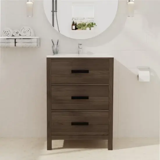 Hyleory 24" KD Freestanding Bathroom Vanity with Resin Single Sink, 3 Drawers image {2}