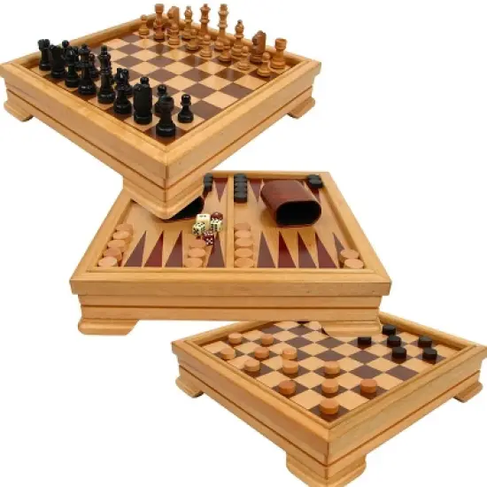 Toy Time 7-in-1 Deluxe Wood Board Game Set - Chess, Checkers, Backgammon, Dominoes, Cribbage, Poker Dice, and Standard 52-Card Deck image {2}