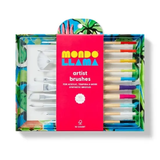 10pc Artist Paintbrush Set - Mondo Llama&trade;: Nylon & Wood, Watercolor, Oil, Tempera, Acrylic, Bright, Fan, Round, Angle image {5}