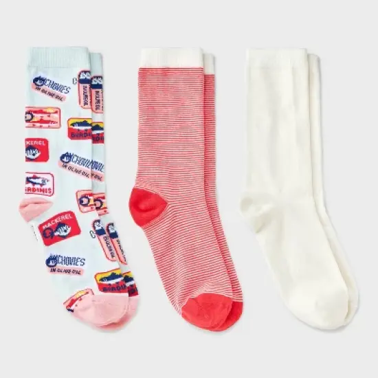 Women's Sardines 3pk Crew Socks - A New Day&trade; Aqua/Ivory/Red 4-10: Floral Knit, Tagless, Smooth Toe Seams image {3}