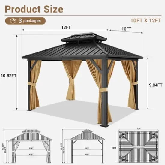10FT x 12FT Metal Hardtop Gazebo, Reinforced Hardtop & UV-Blocking SunShield, Galvanized Iron Aluminum Column with Lockable Privacy Curtains image {1}