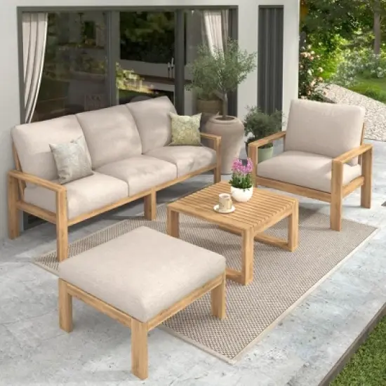 FIONECA 4-Piece Outdoor Acacia Wood Sectional Sofa Set with Cushions image {13}