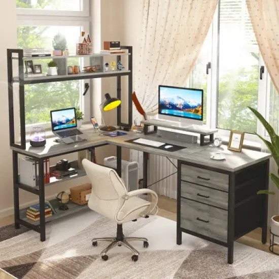 Aheaplus L Shaped Computer Desk, Gaming Desk with Hutch image {1}