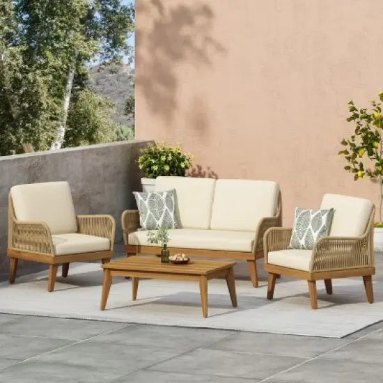 GDFStudio Hueber Outdoor Acacia Wood and Rope 4 Seater Chat Set with Cushions, Teak, Light Brown, and Beige image {8}