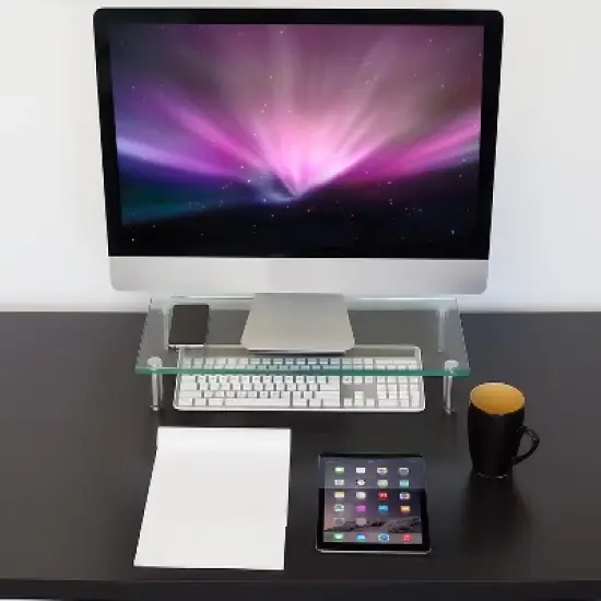 Mount-It! Clear Glass Monitor Stand Computer Desktop Riser, Tempered Glass, Fits 24, 27, 30, 32 Inch Screens, 66 Lbs. Capacity image {1}