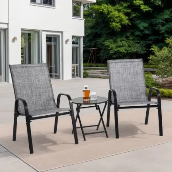 FIONECA 3-Piece Outdoor Patio Set with Folding Chairs and Steel-Top Table, Grey Breathable Textilene Fabric Camping Chairs image {7}