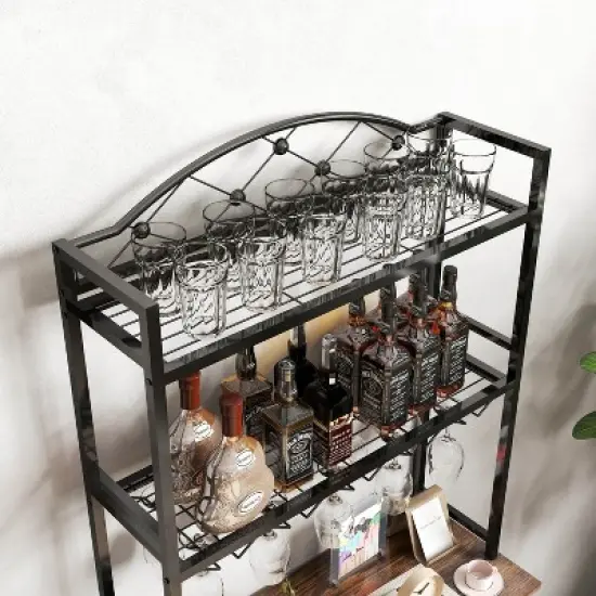 DOMETOUR Industrial Wine Rack Bar Table, 3-Tier Liquor Bottle and Glass Holder with Storage, Metal & Wood Organizer for Home Kitchen & Dining Room image {4}