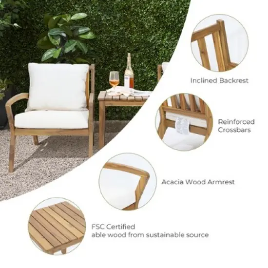 LuxenHome Outdoor Acacia Wood Side Table and Set of 2 Armchairs with White Cushions image {8}