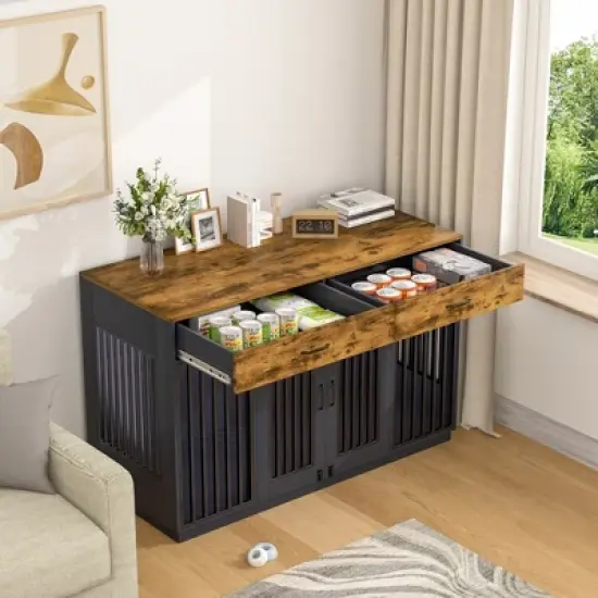 VECELO 55.1" Dog Crate, Wooden Decorative Dog Kennel Indoor With 2 Drawers for Medium/Large Dogs, Brown image {11}