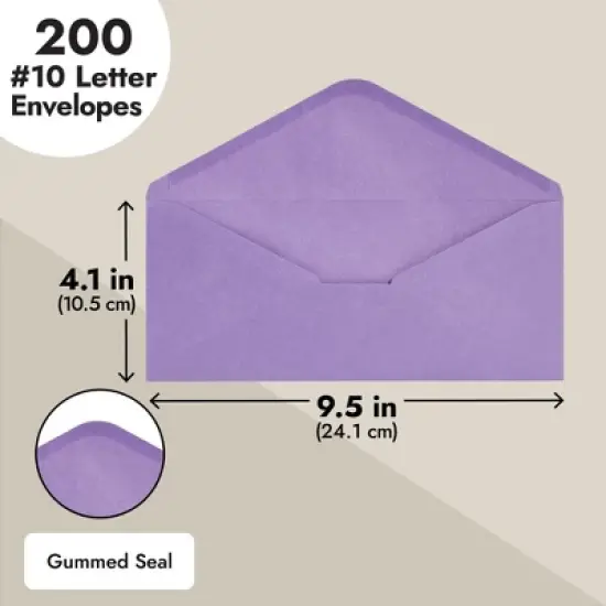 Paper Junkie 200 Pack Bulk #10 Purple Envelopes with Gummed Seal, Business Size Invitations Letters, Greeting Cards, 4.1in x 9.5in image {4}