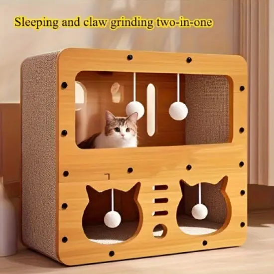 Hrinhom 17.7"W 2-Storey Wood Cat Villa with Scratching Boards+4 Toy Pendants image {3}
