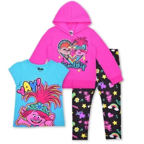 Trolls Girl's 3-Pack Barb and Poppy BFF Zip Up Hoodie, Short Sleeve Graphic Tee and Legging Pant Set for toddler image {7}